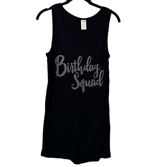 NWOT Sofra Cotton Rib Rhinestone Embellished Birthday Squad Tank Top Black Large - Picture 1 of 4